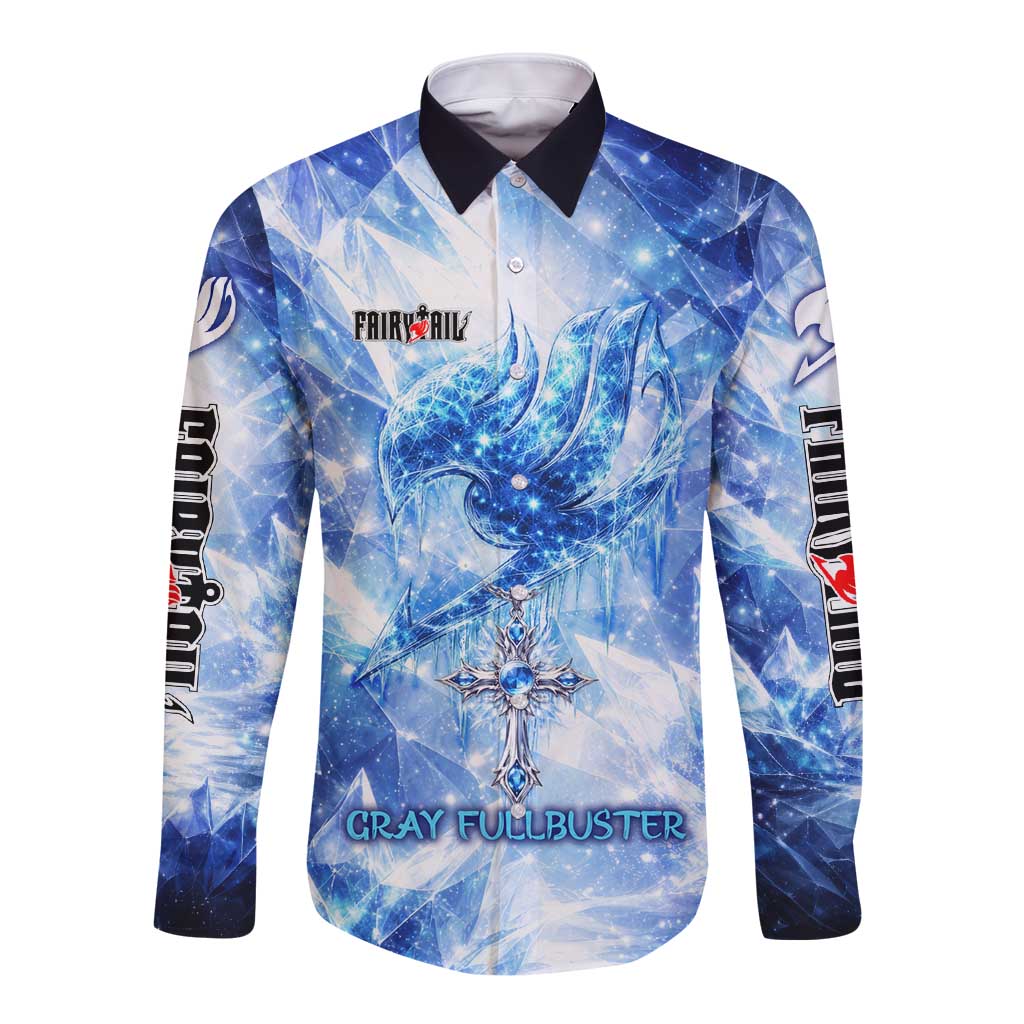 Gray Fullbuster Fairy Tail Long Sleeve Button Shirt Ice Magic Anime Style with Crystal Freeze Motif
