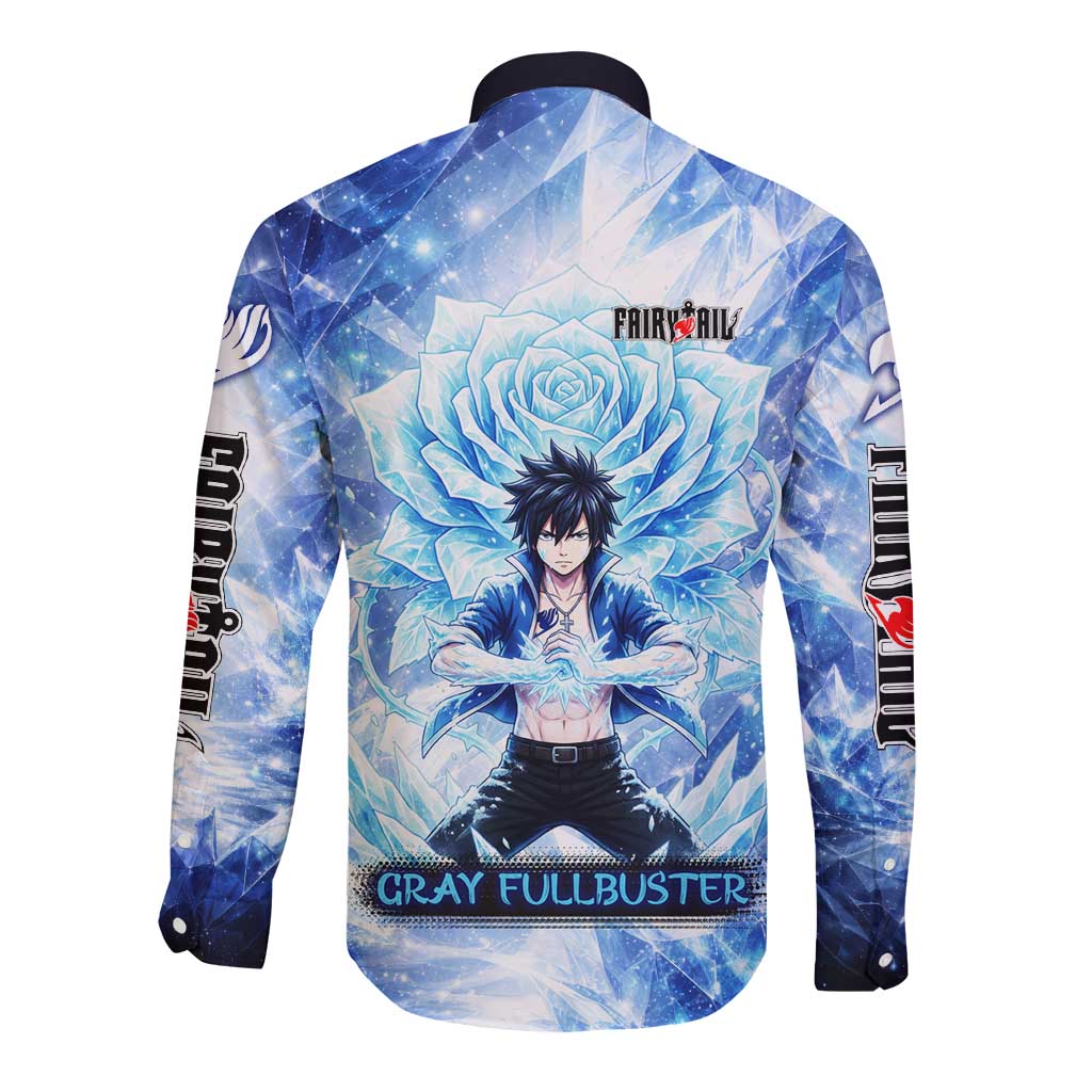 Gray Fullbuster Fairy Tail Long Sleeve Button Shirt Ice Magic Anime Style with Crystal Freeze Motif