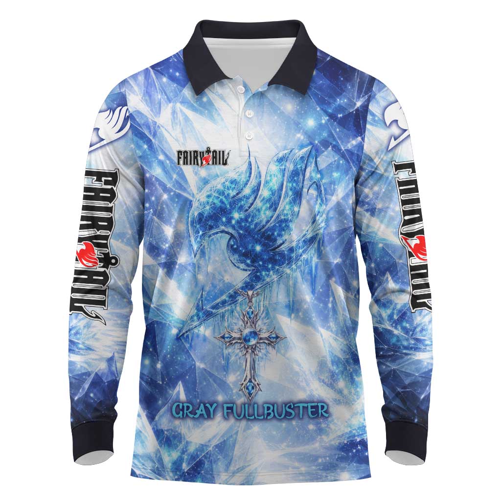 Gray Fullbuster Fairy Tail Long Sleeve Polo Shirt Ice Magic Anime Style with Crystal Freeze Motif