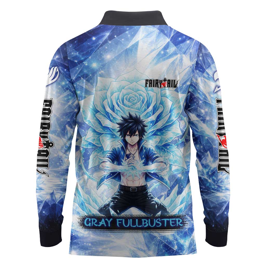 Gray Fullbuster Fairy Tail Long Sleeve Polo Shirt Ice Magic Anime Style with Crystal Freeze Motif