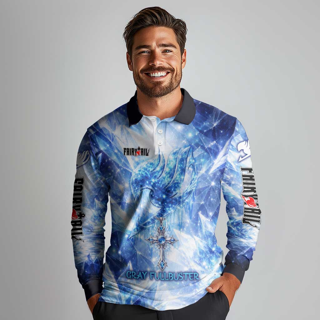 Gray Fullbuster Fairy Tail Long Sleeve Polo Shirt Ice Magic Anime Style with Crystal Freeze Motif