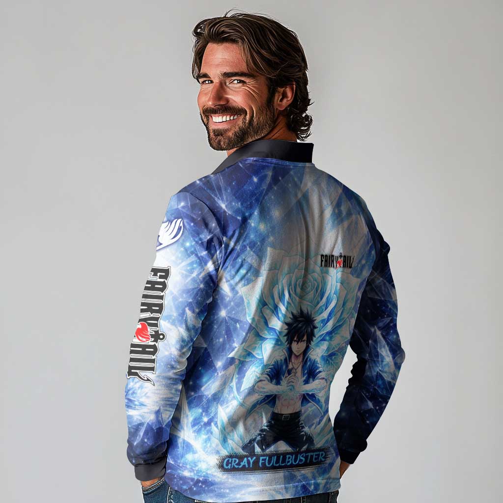 Gray Fullbuster Fairy Tail Long Sleeve Polo Shirt Ice Magic Anime Style with Crystal Freeze Motif