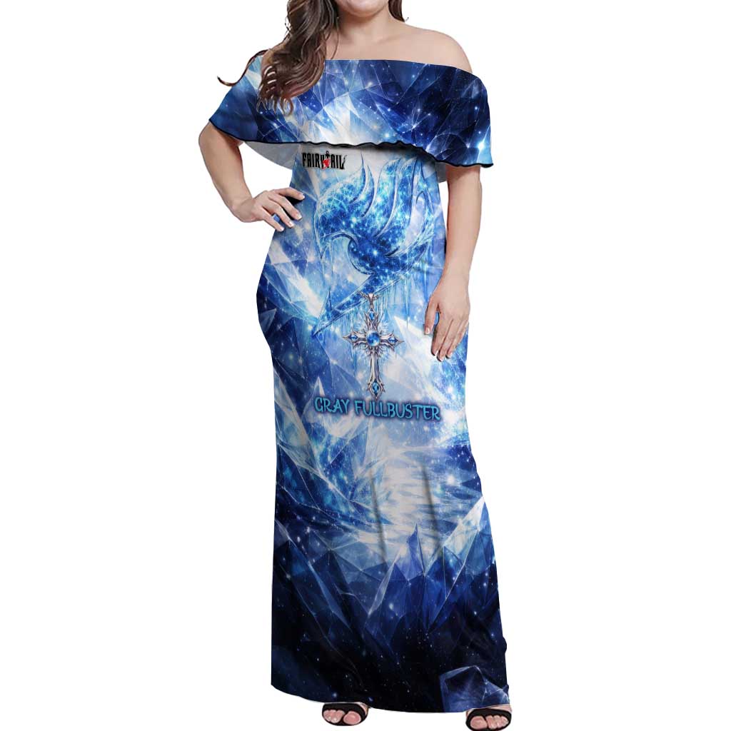 Gray Fullbuster Fairy Tail Off Shoulder Maxi Dress Ice Magic Anime Style with Crystal Freeze Motif