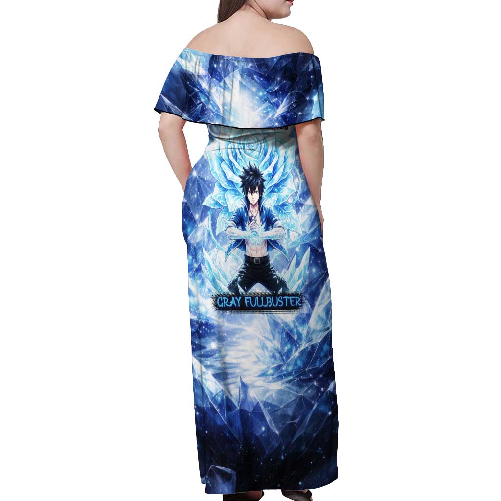 Gray Fullbuster Fairy Tail Off Shoulder Maxi Dress Ice Magic Anime Style with Crystal Freeze Motif