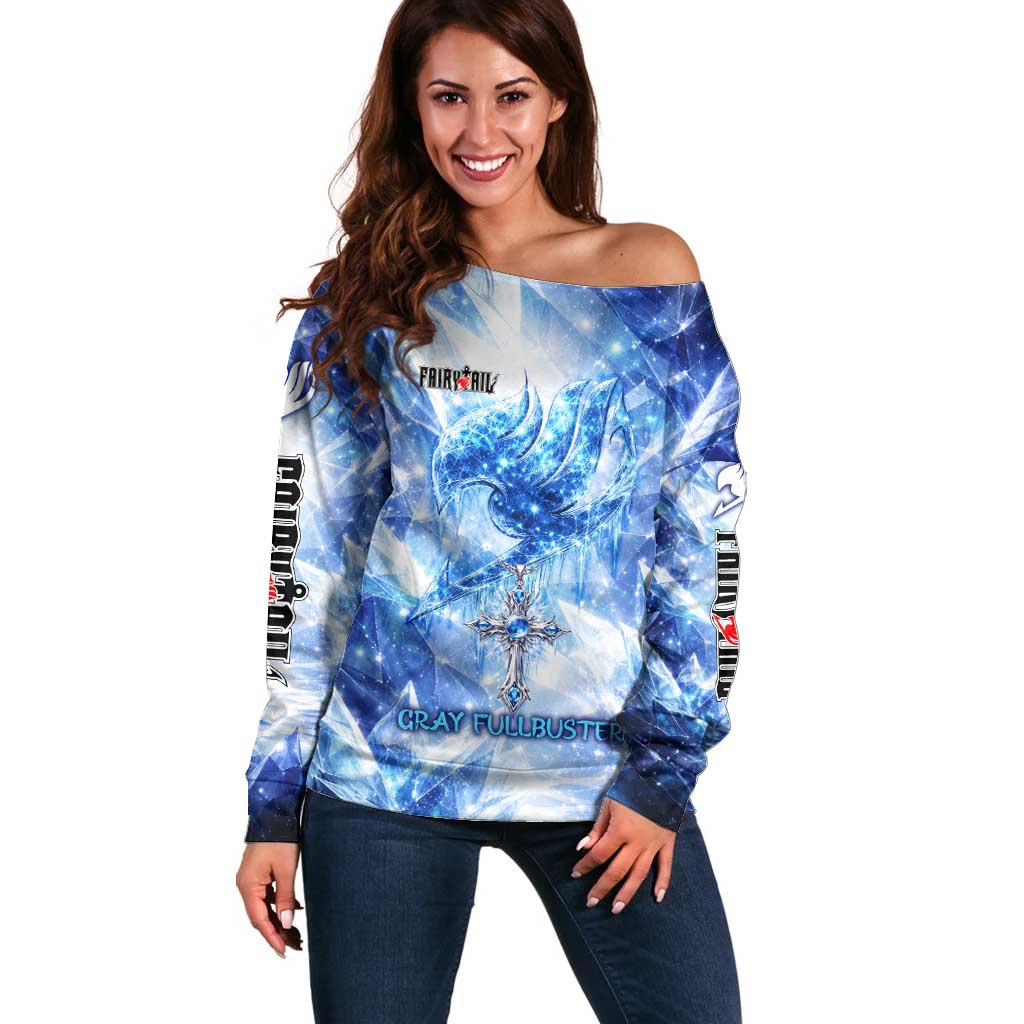 Gray Fullbuster Fairy Tail Off Shoulder Sweater Ice Magic Anime Style with Crystal Freeze Motif