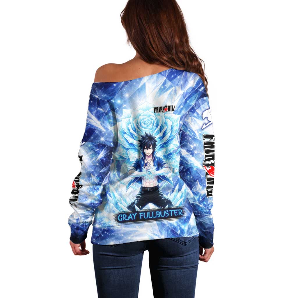 Gray Fullbuster Fairy Tail Off Shoulder Sweater Ice Magic Anime Style with Crystal Freeze Motif