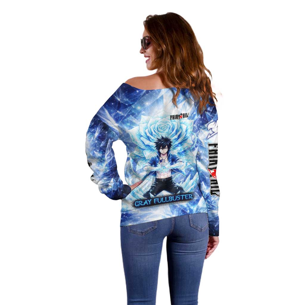 Gray Fullbuster Fairy Tail Off Shoulder Sweater Ice Magic Anime Style with Crystal Freeze Motif