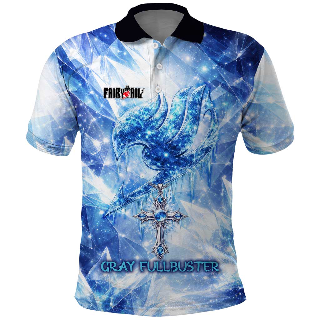 Gray Fullbuster Fairy Tail Polo Shirt Ice Magic Anime Style with Crystal Freeze Motif