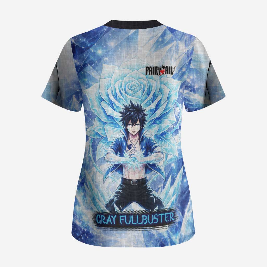 Gray Fullbuster Fairy Tail Scrub Top Ice Magic Anime Style with Crystal Freeze Motif