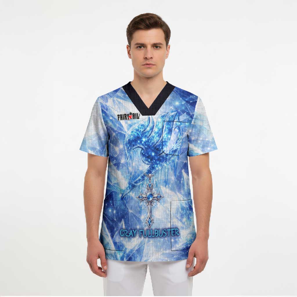 Gray Fullbuster Fairy Tail Scrub Top Ice Magic Anime Style with Crystal Freeze Motif