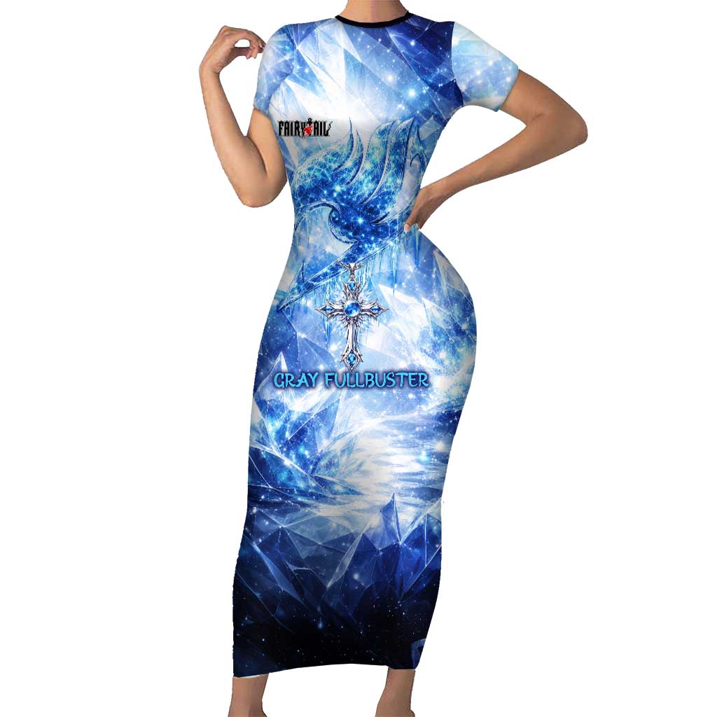 Gray Fullbuster Fairy Tail Short Sleeve Bodycon Dress Ice Magic Anime Style with Crystal Freeze Motif
