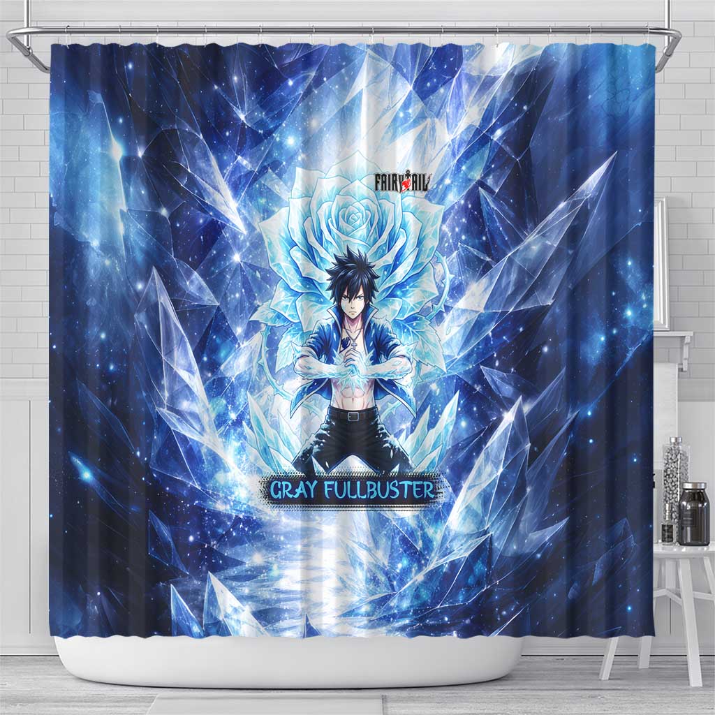 Gray Fullbuster Fairy Tail Shower Curtain Ice Magic Anime Style with Crystal Freeze Motif