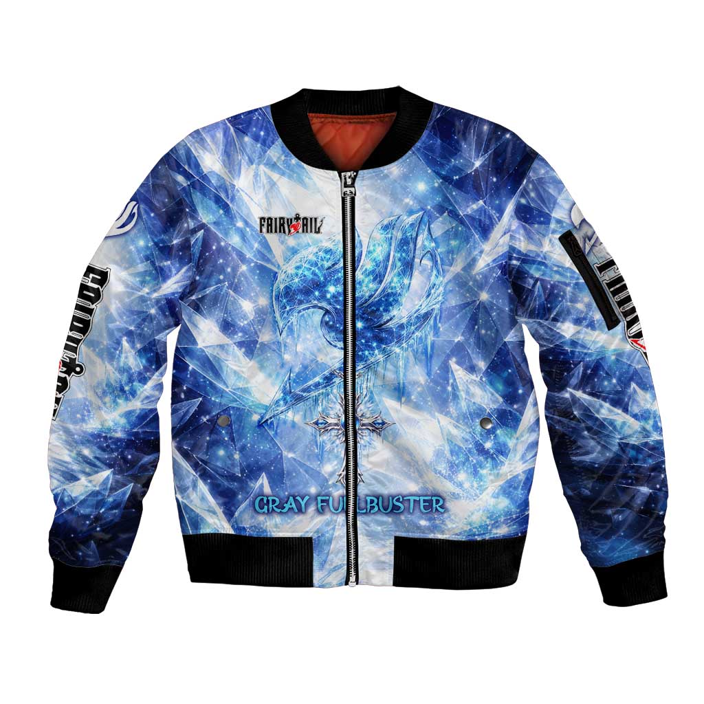 Gray Fullbuster Fairy Tail Sleeve Zip Bomber Jacket Ice Magic Anime Style with Crystal Freeze Motif