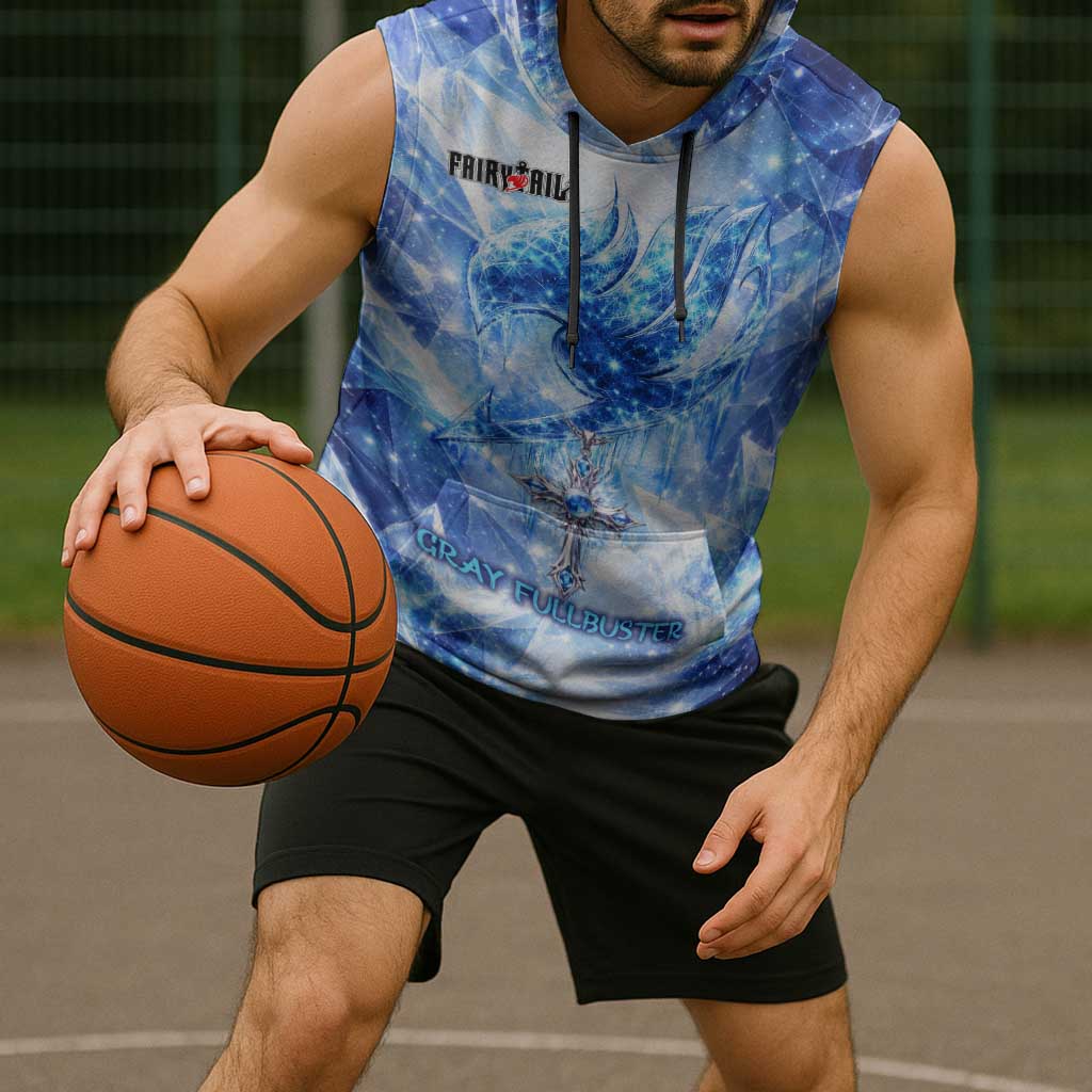 Gray Fullbuster Fairy Tail Sleeveless Hoodie Ice Magic Anime Style with Crystal Freeze Motif