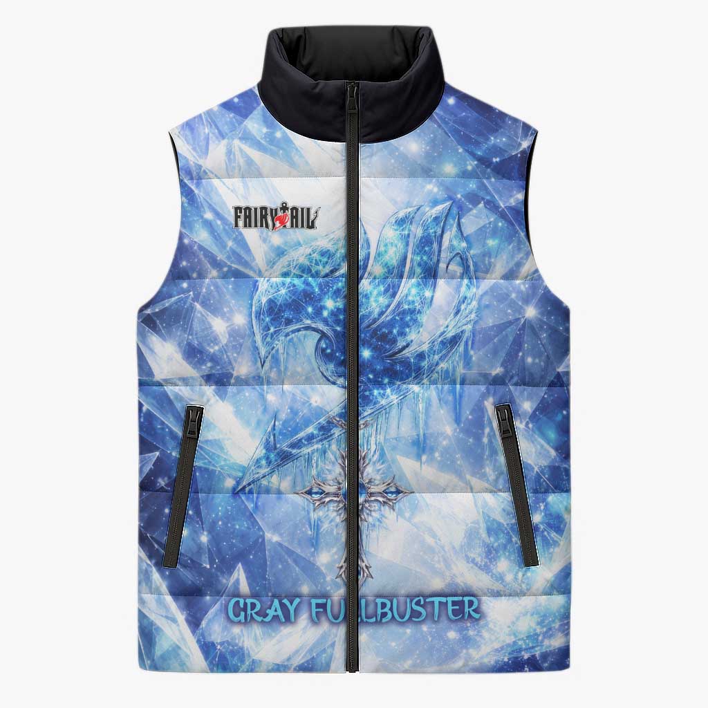 Gray Fullbuster Fairy Tail Sleeveless Puffer Jacket Ice Magic Anime Style with Crystal Freeze Motif
