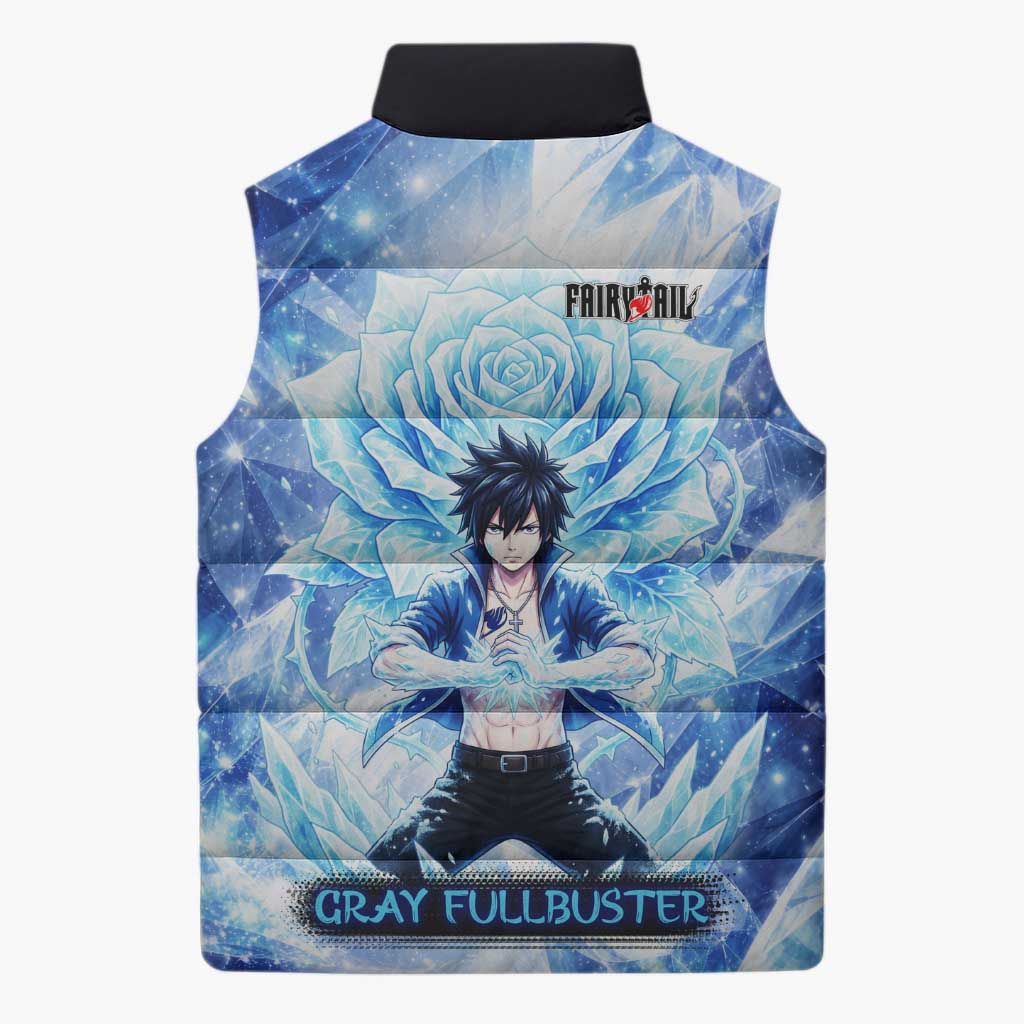 Gray Fullbuster Fairy Tail Sleeveless Puffer Jacket Ice Magic Anime Style with Crystal Freeze Motif