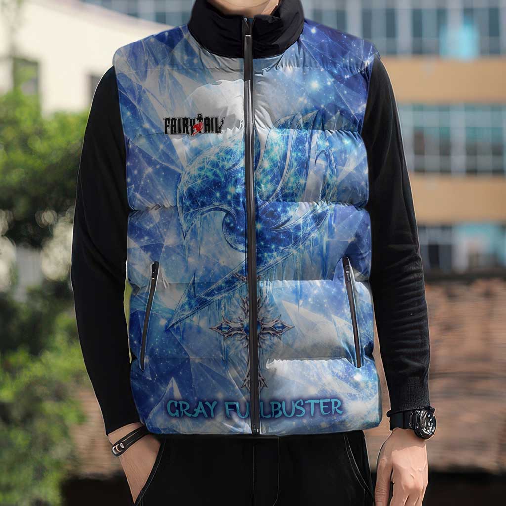 Gray Fullbuster Fairy Tail Sleeveless Puffer Jacket Ice Magic Anime Style with Crystal Freeze Motif