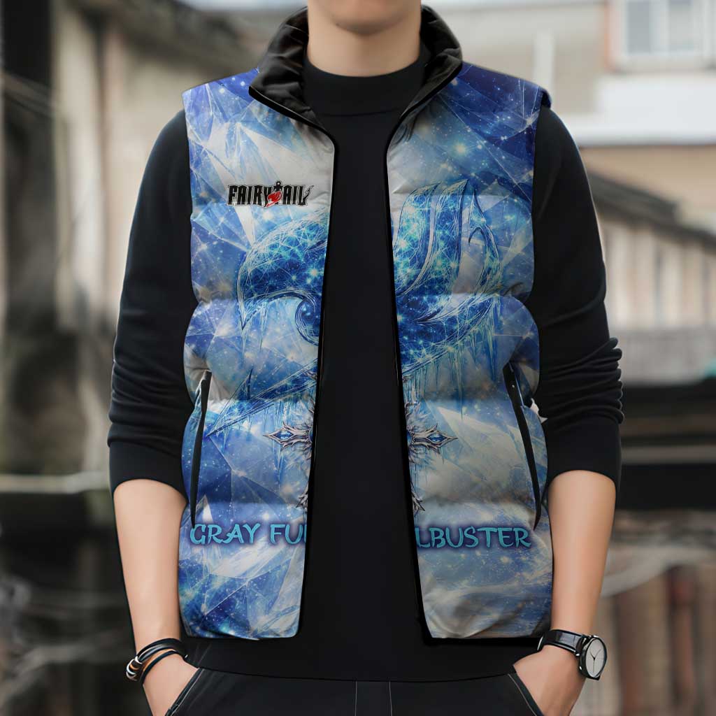 Gray Fullbuster Fairy Tail Sleeveless Puffer Jacket Ice Magic Anime Style with Crystal Freeze Motif