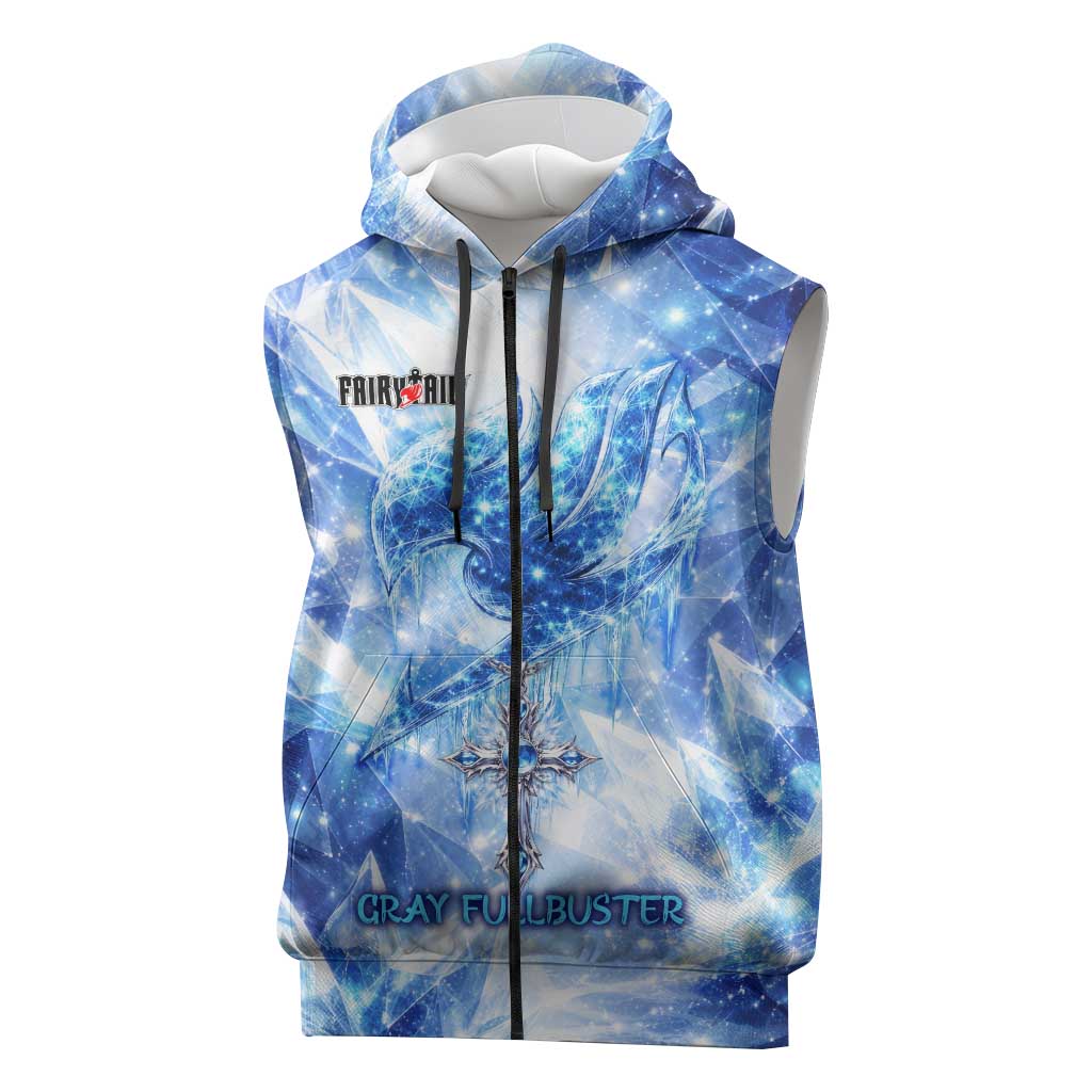Gray Fullbuster Fairy Tail Sleeveless Zip Hoodie Ice Magic Anime Style with Crystal Freeze Motif