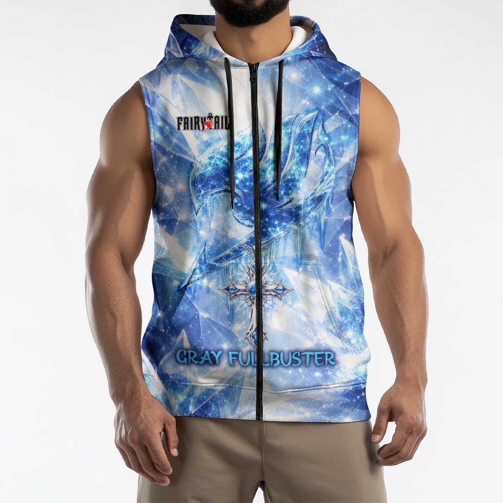 Gray Fullbuster Fairy Tail Sleeveless Zip Hoodie Ice Magic Anime Style with Crystal Freeze Motif