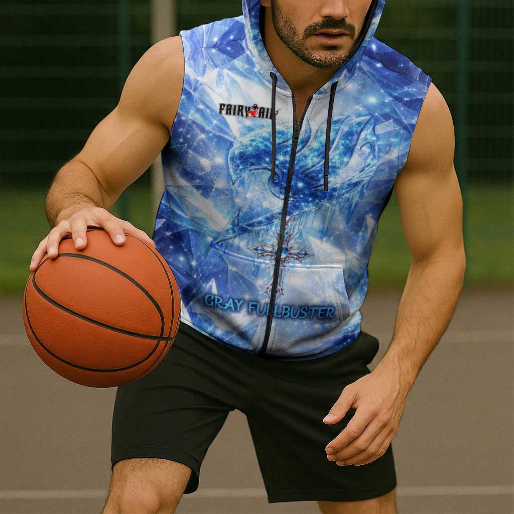 Gray Fullbuster Fairy Tail Sleeveless Zip Hoodie Ice Magic Anime Style with Crystal Freeze Motif