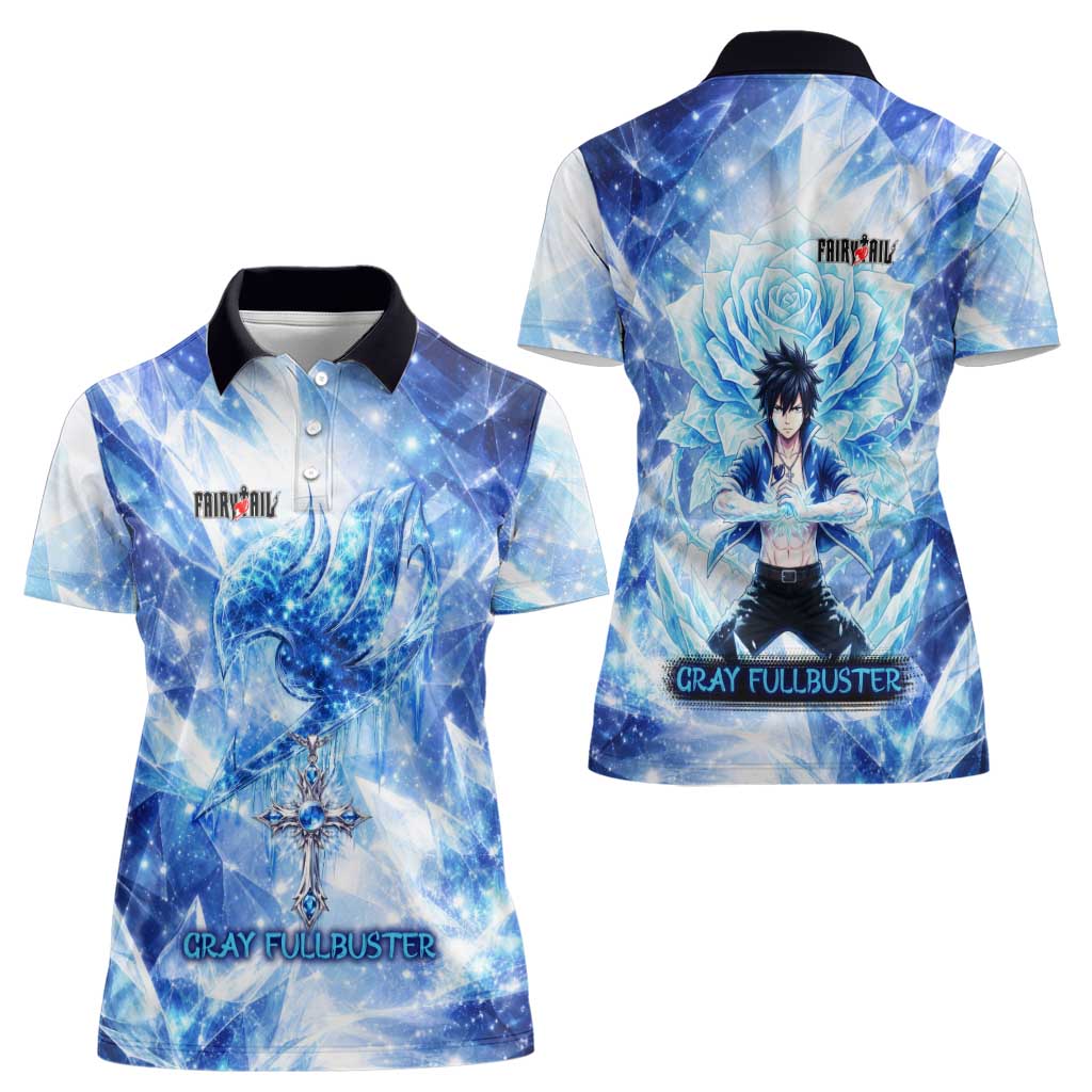 Gray Fullbuster Fairy Tail Women Polo Shirt Ice Magic Anime Style with Crystal Freeze Motif