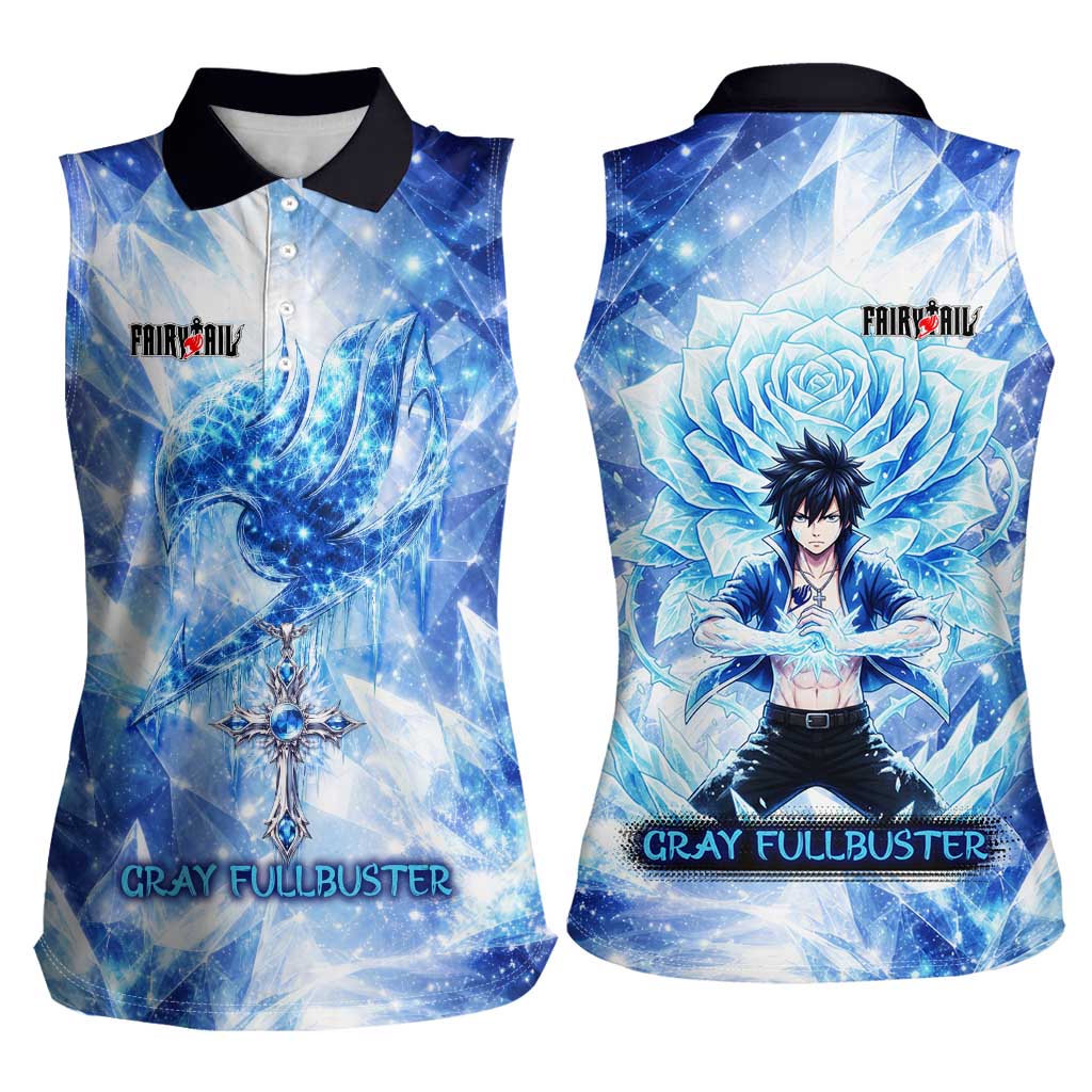 Gray Fullbuster Fairy Tail Women Sleeveless Polo Shirt Ice Magic Anime Style with Crystal Freeze Motif