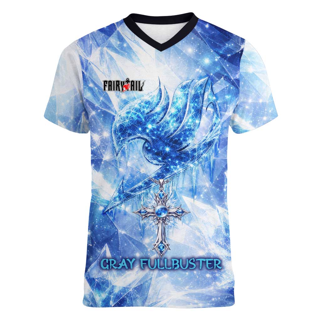 Gray Fullbuster Fairy Tail Women V-Neck T-Shirt Ice Magic Anime Style with Crystal Freeze Motif