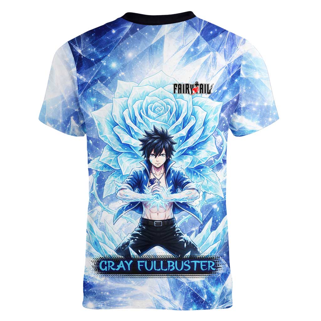 Gray Fullbuster Fairy Tail Women V-Neck T-Shirt Ice Magic Anime Style with Crystal Freeze Motif
