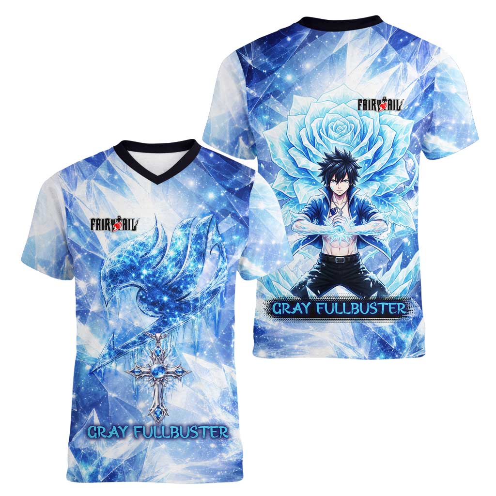 Gray Fullbuster Fairy Tail Women V-Neck T-Shirt Ice Magic Anime Style with Crystal Freeze Motif
