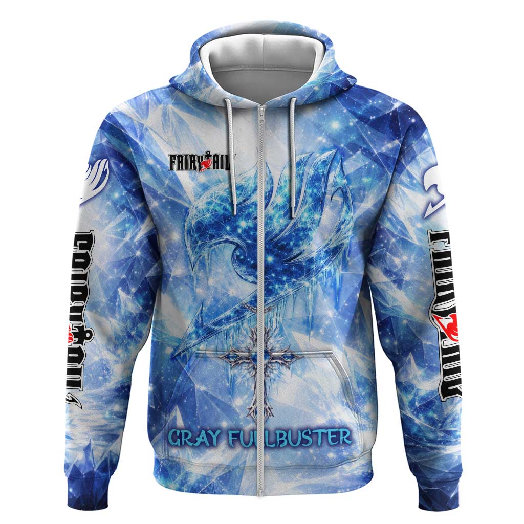 Gray Fullbuster Fairy Tail Zip Hoodie Ice Magic Anime Style with Crystal Freeze Motif