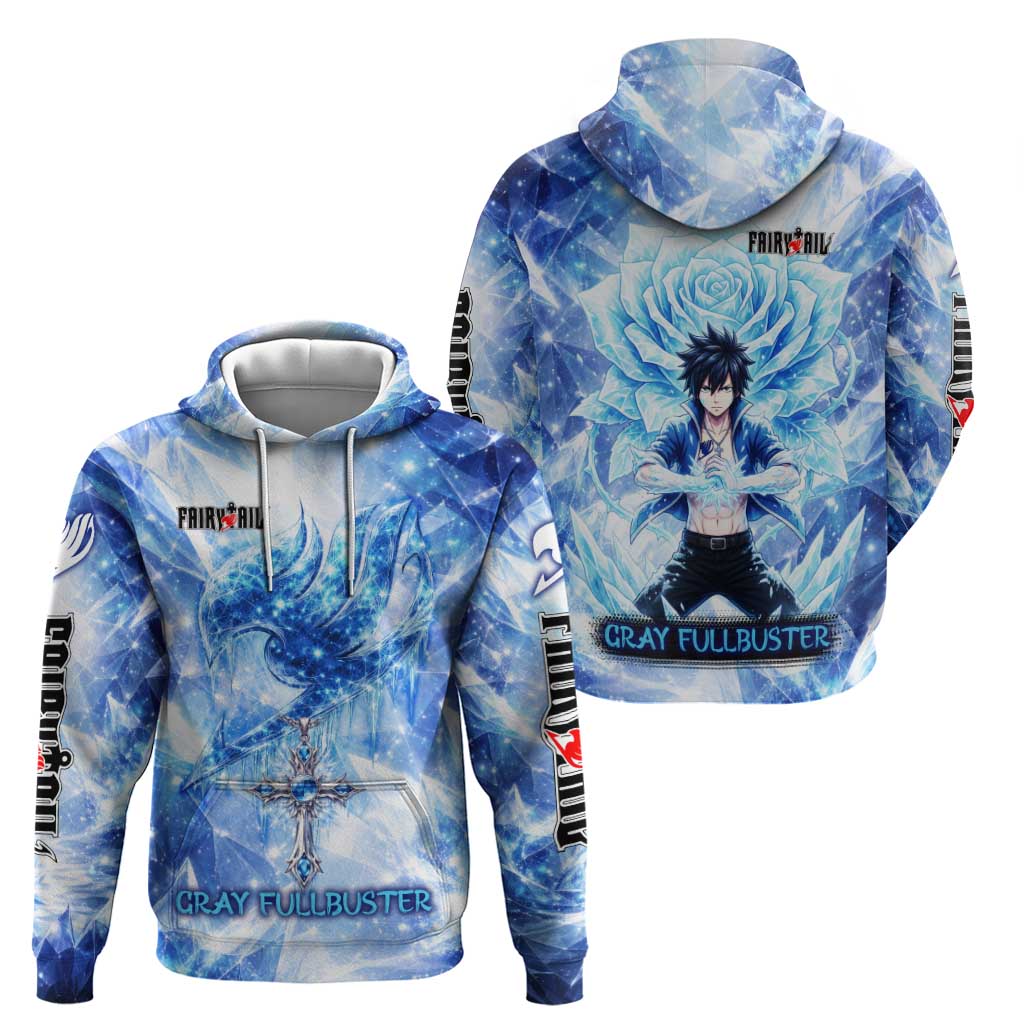 Gray Fullbuster Fairy Tail Zip Hoodie Ice Magic Anime Style with Crystal Freeze Motif
