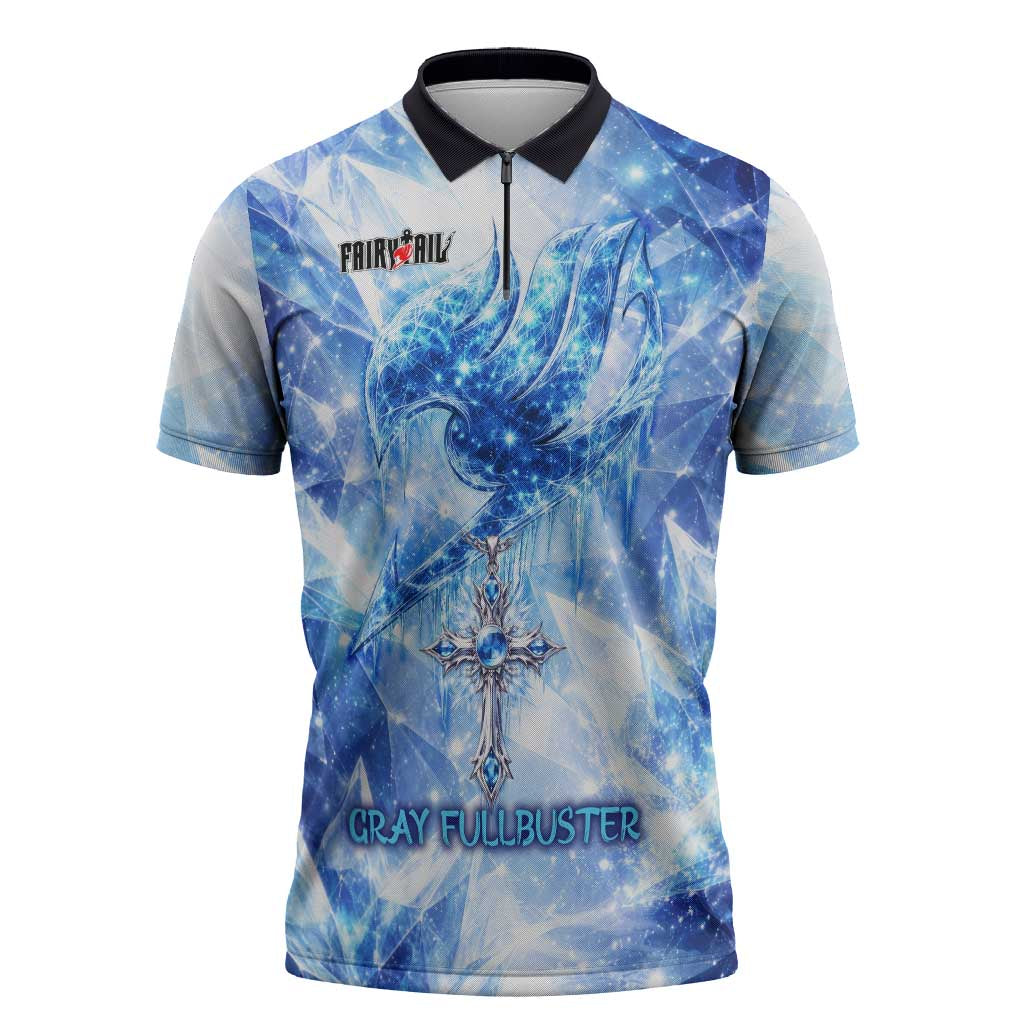 Gray Fullbuster Fairy Tail Zipper Polo Shirt Ice Magic Anime Style with Crystal Freeze Motif