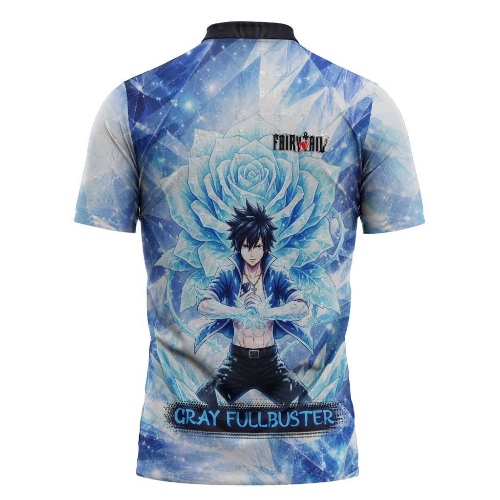 Gray Fullbuster Fairy Tail Zipper Polo Shirt Ice Magic Anime Style with Crystal Freeze Motif