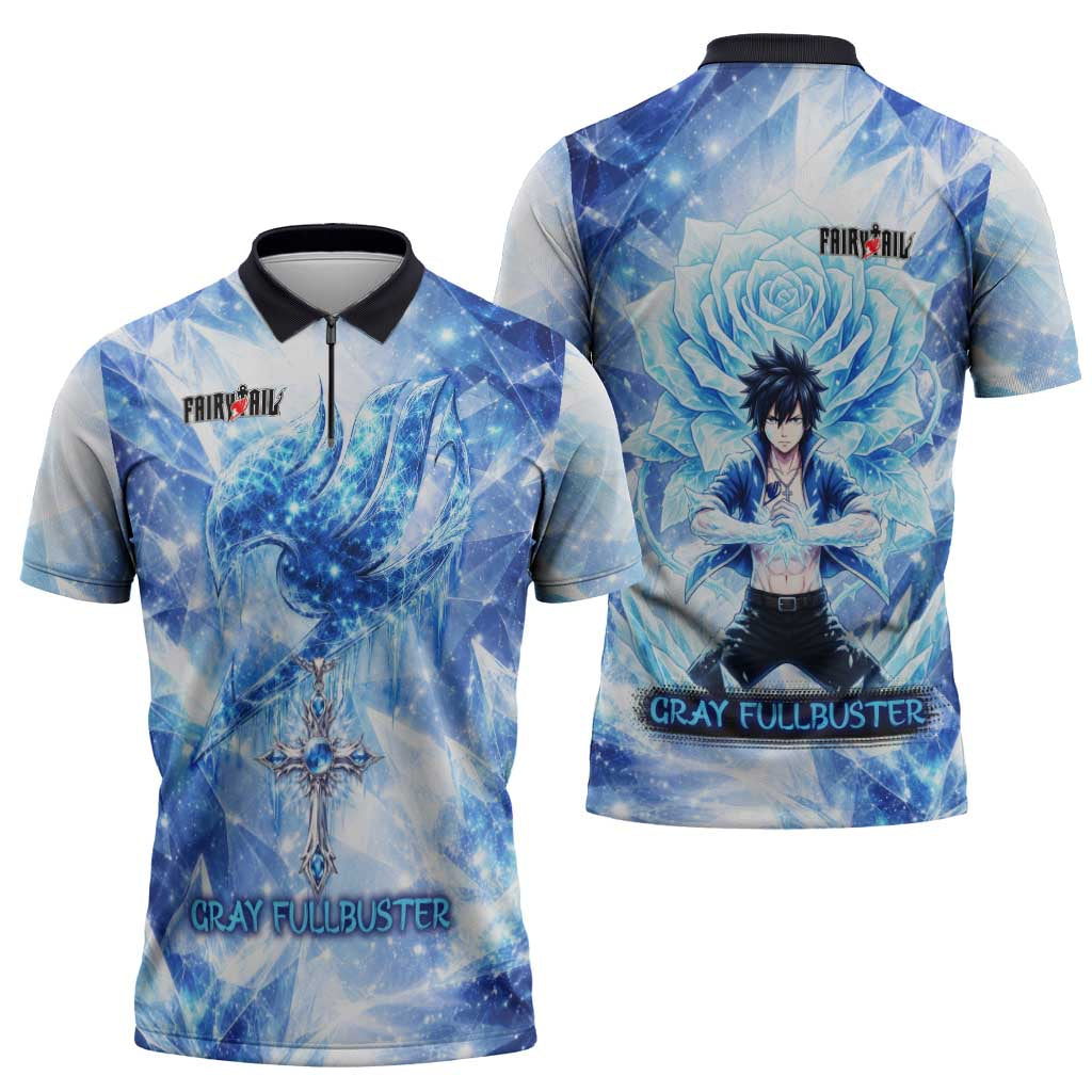 Gray Fullbuster Fairy Tail Zipper Polo Shirt Ice Magic Anime Style with Crystal Freeze Motif