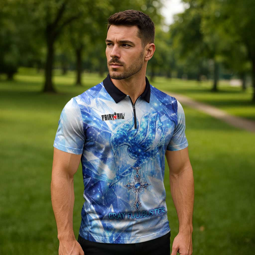 Gray Fullbuster Fairy Tail Zipper Polo Shirt Ice Magic Anime Style with Crystal Freeze Motif