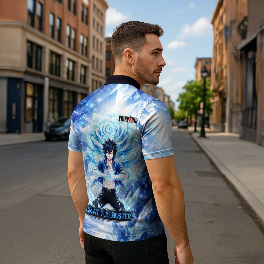 Gray Fullbuster Fairy Tail Zipper Polo Shirt Ice Magic Anime Style with Crystal Freeze Motif