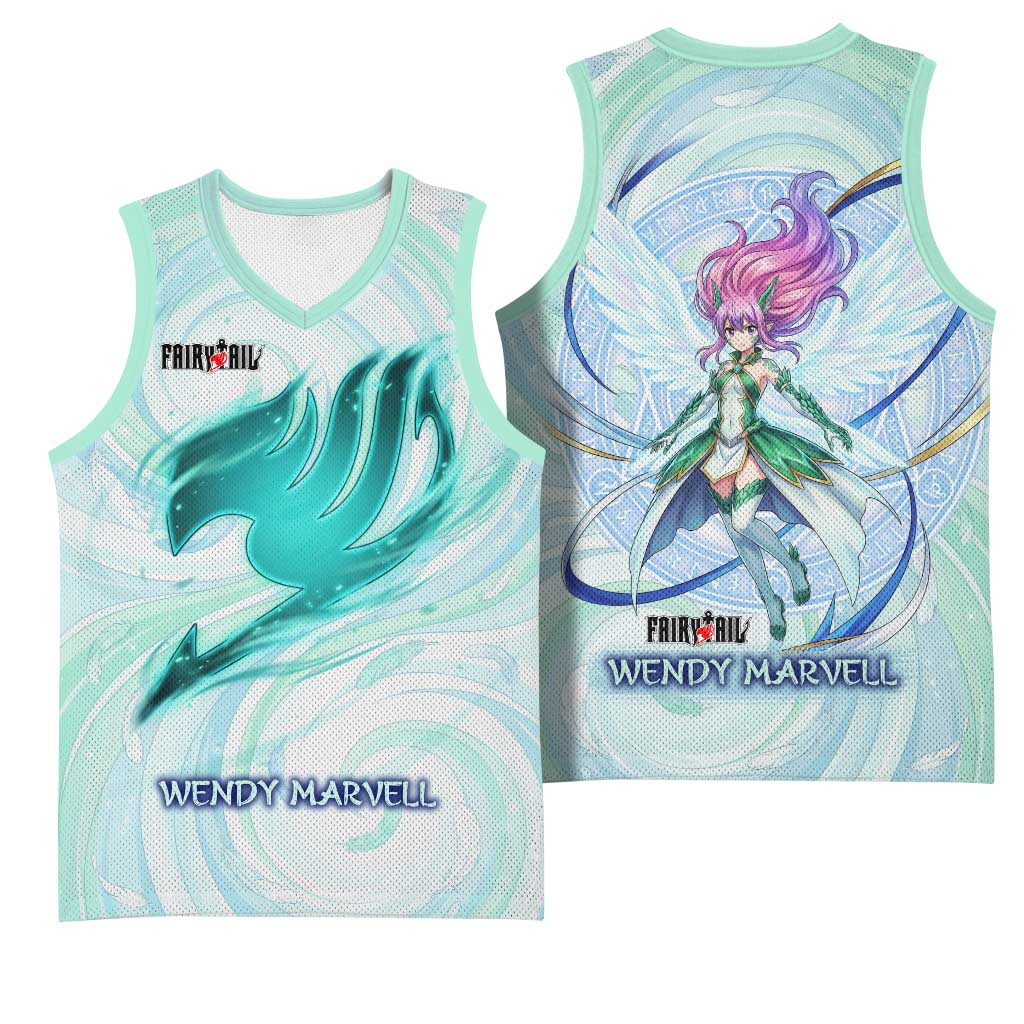 Wendy Marvell Fairy Tail Basketball Jersey Sky Dragon Anime Style with Pastel Wind and Wing Motif