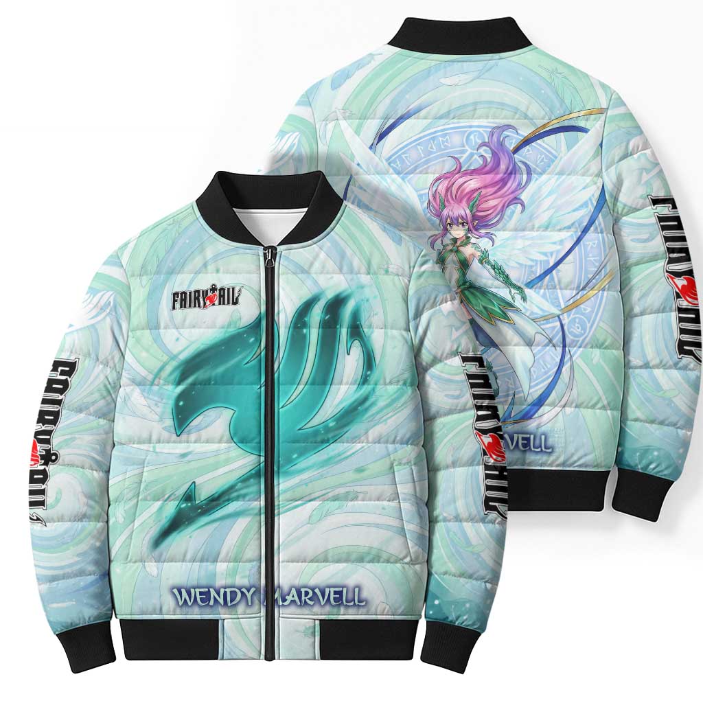 Wendy Marvell Fairy Tail Bomber Puffer Jacket Sky Dragon Anime Style with Pastel Wind and Wing Motif