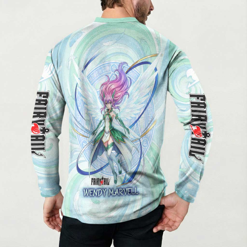 Wendy Marvell Fairy Tail Button Sweatshirt Sky Dragon Anime Style with Pastel Wind and Wing Motif