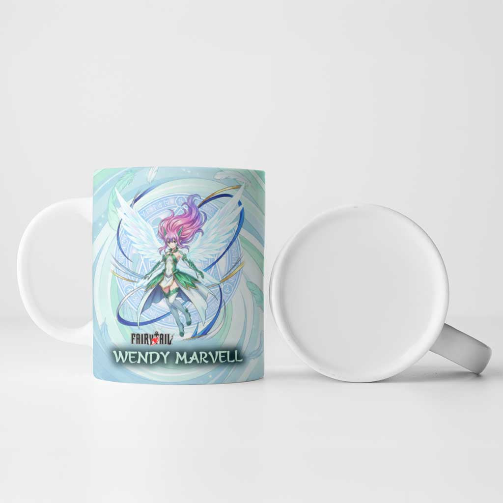 Wendy Marvell Fairy Tail Ceramic Mug Sky Dragon Anime Style with Pastel Wind and Wing Motif