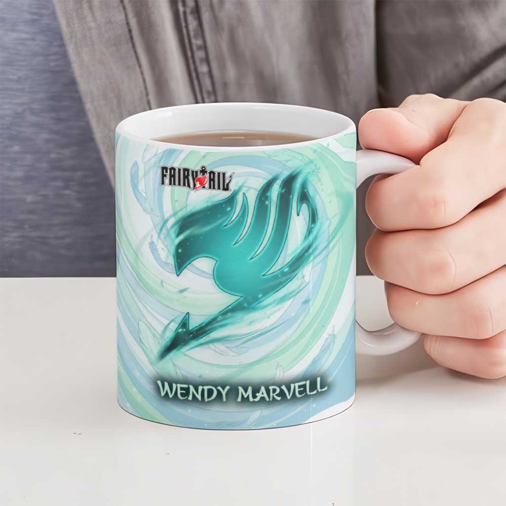 Wendy Marvell Fairy Tail Ceramic Mug Sky Dragon Anime Style with Pastel Wind and Wing Motif