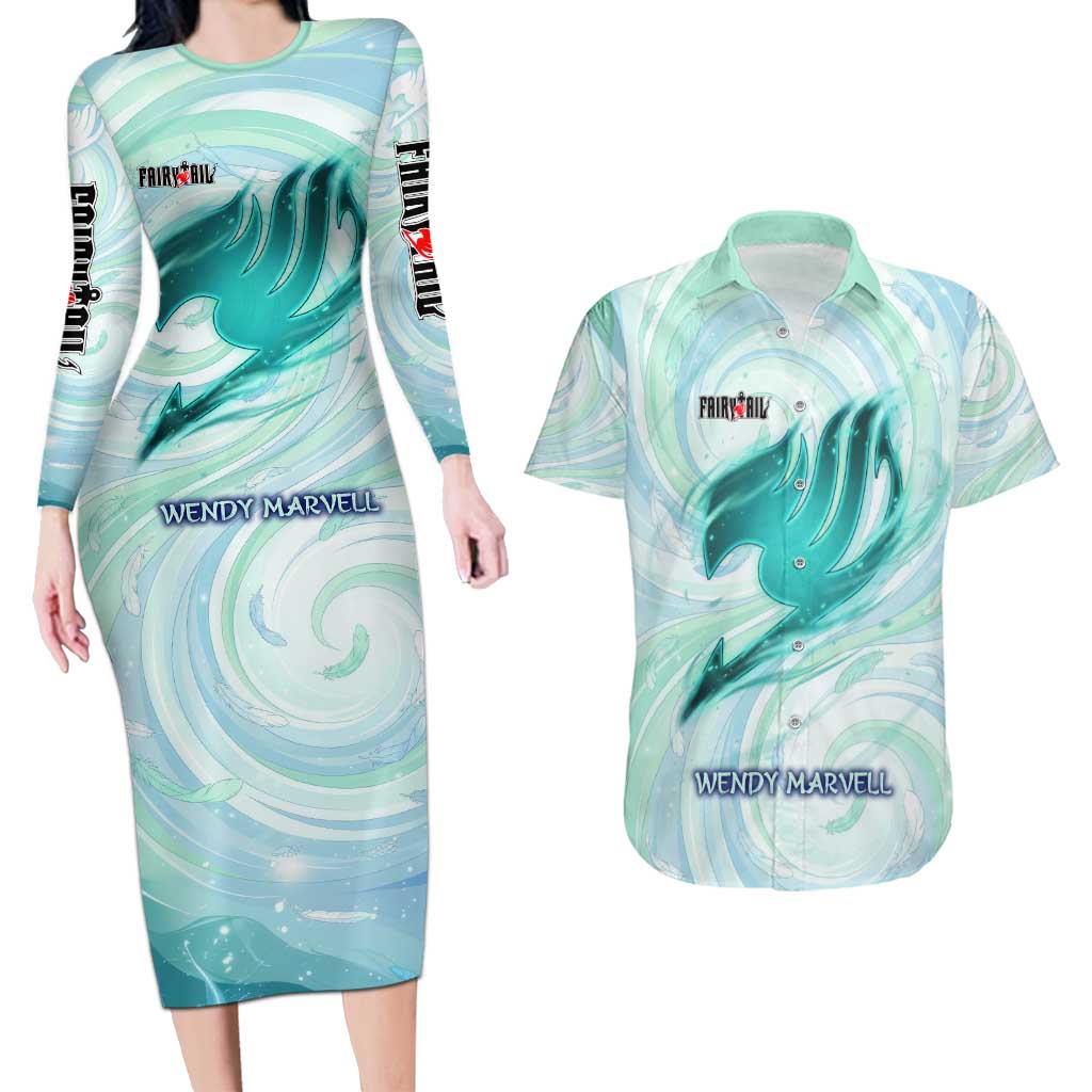 Wendy Marvell Fairy Tail Couples Matching Long Sleeve Bodycon Dress and Hawaiian Shirt Sky Dragon Anime Style with Pastel Wind and Wing Motif