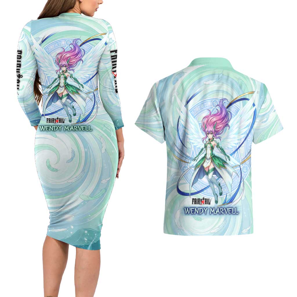 Wendy Marvell Fairy Tail Couples Matching Long Sleeve Bodycon Dress and Hawaiian Shirt Sky Dragon Anime Style with Pastel Wind and Wing Motif