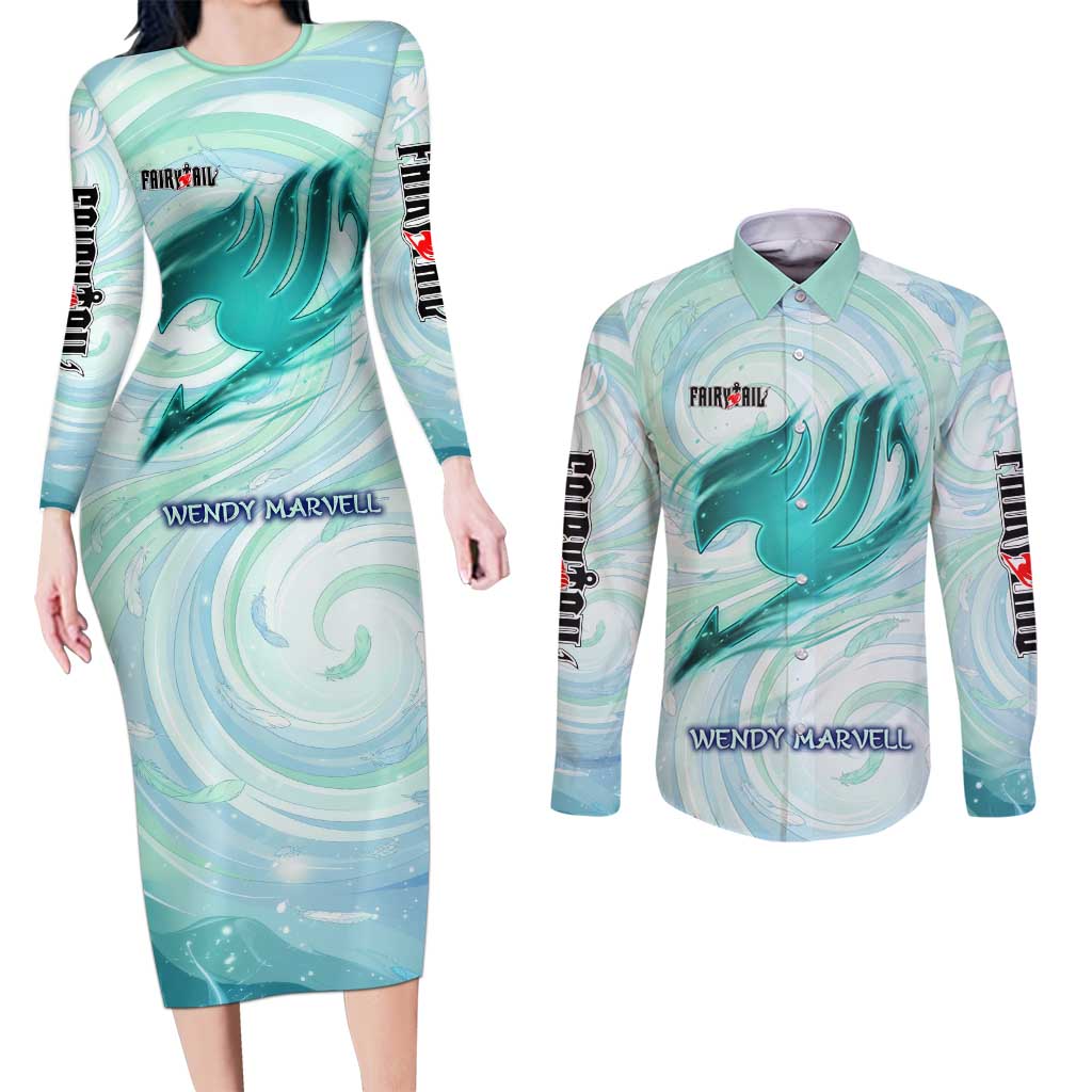 Wendy Marvell Fairy Tail Couples Matching Long Sleeve Bodycon Dress and Long Sleeve Button Shirt Sky Dragon Anime Style with Pastel Wind and Wing Motif