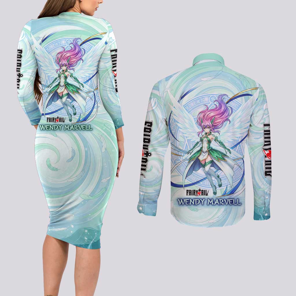 Wendy Marvell Fairy Tail Couples Matching Long Sleeve Bodycon Dress and Long Sleeve Button Shirt Sky Dragon Anime Style with Pastel Wind and Wing Motif