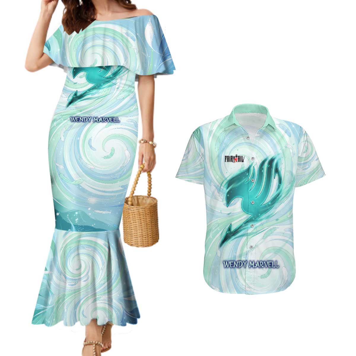 Wendy Marvell Fairy Tail Couples Matching Mermaid Dress and Hawaiian Shirt Sky Dragon Anime Style with Pastel Wind and Wing Motif