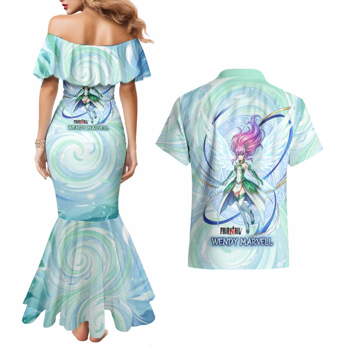 Wendy Marvell Fairy Tail Couples Matching Mermaid Dress and Hawaiian Shirt Sky Dragon Anime Style with Pastel Wind and Wing Motif