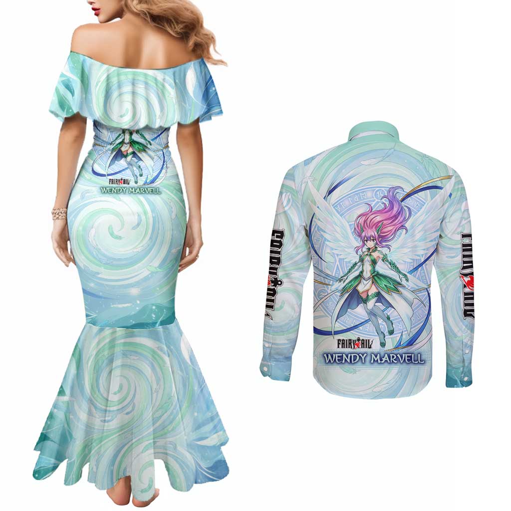 Wendy Marvell Fairy Tail Couples Matching Mermaid Dress and Long Sleeve Button Shirt Sky Dragon Anime Style with Pastel Wind and Wing Motif