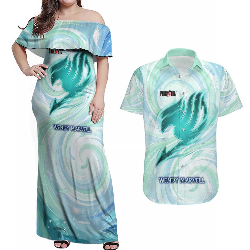 Wendy Marvell Fairy Tail Couples Matching Off Shoulder Maxi Dress and Hawaiian Shirt Sky Dragon Anime Style with Pastel Wind and Wing Motif